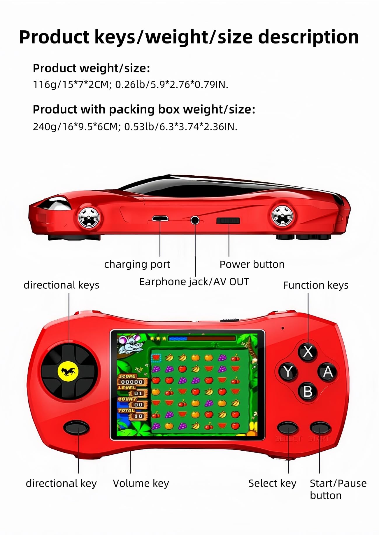 JXD 3.0" HD Console de Jeu Vidéo Portable pour Enfants Design Voiture de Sport 250 Jeux 64 Bits Préinstallés Connectable à la Télévision Jeux de Réflexion Enfants Jouet Puzzle