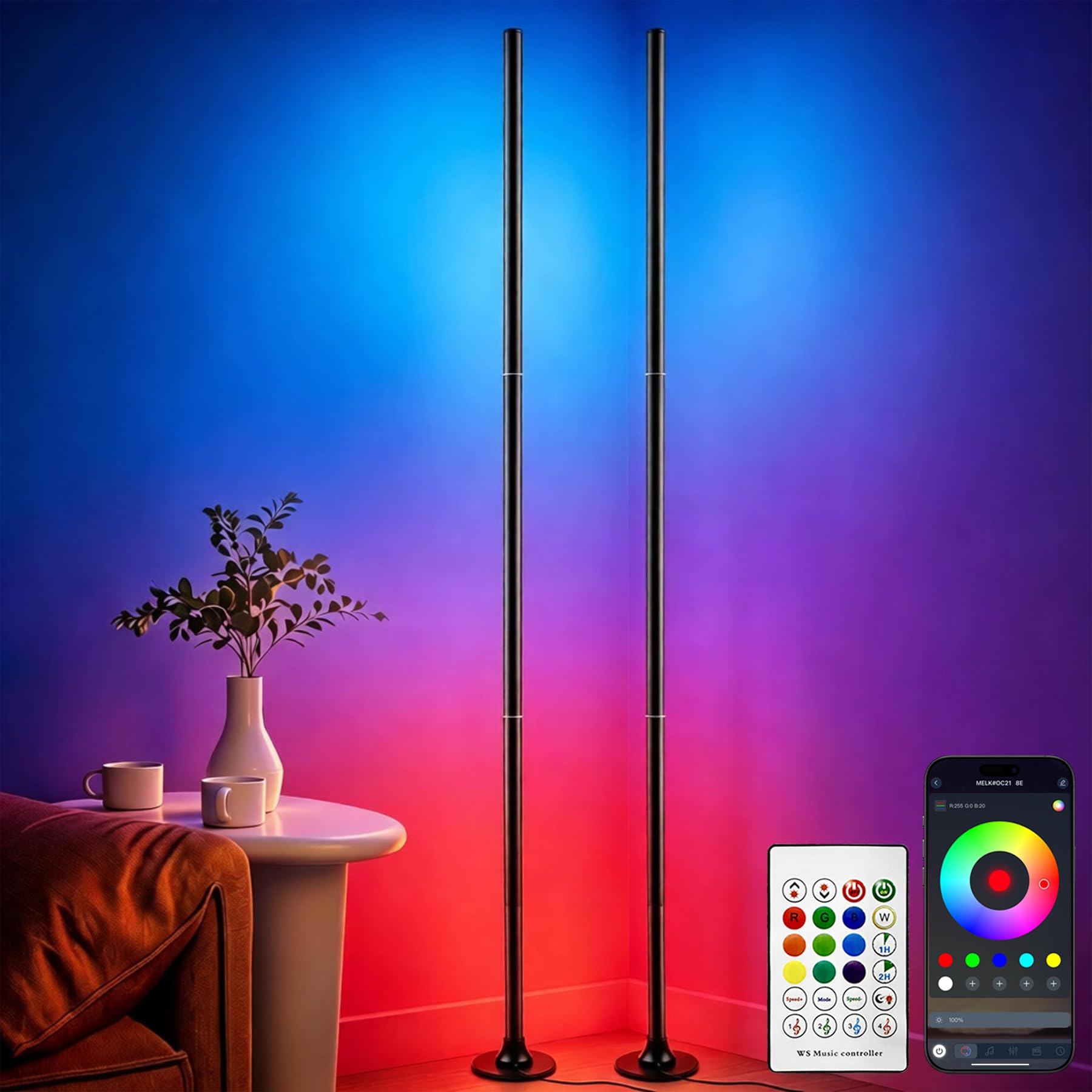 Lampada da Terra LED RGB, 2 Pezzi, 120 cm, 16 Milioni di Colori, Controllo tramite App e Telecomando, Sincronizzazione Musicale, per Soggiorno e Camera da Letto