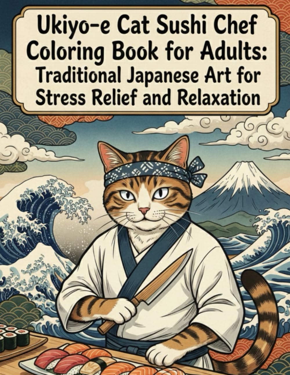 Ukiyo-e Cat Sushi Chef Coloring Book for Adults:Traditional Japanese Art for Stress Relief and Relaxation: Japanese Art / Woodblock Print / Stress Relief / Mindfulness / Ukiyo-e Cat Sushi Chef