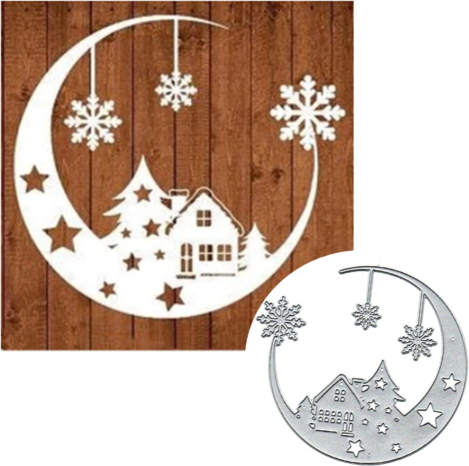 Christmas Snowflake Moon Die Cuts,Merry Christmas Tree House Snowflower Metal Cutting Dies Cut Stencils Template Mould DIY Invitation Card Scrapbook Embossing Craft Card Making
