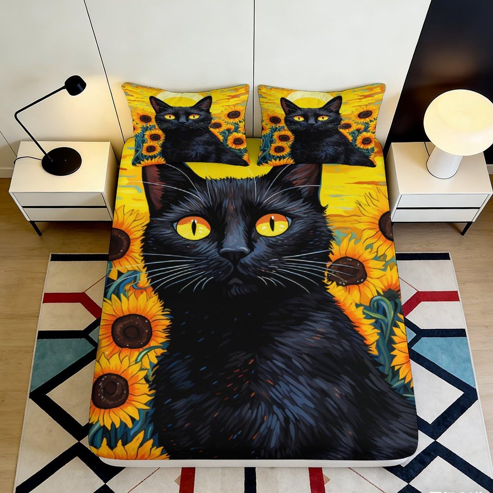 3D Printed Black Cat Sunflower Fitted Sheet Microfiber Soft Breathable Yellow Floral Bed Cover for Bedroom Dormitory Guest Room Mattress Protection Decor 160x200x25cm
