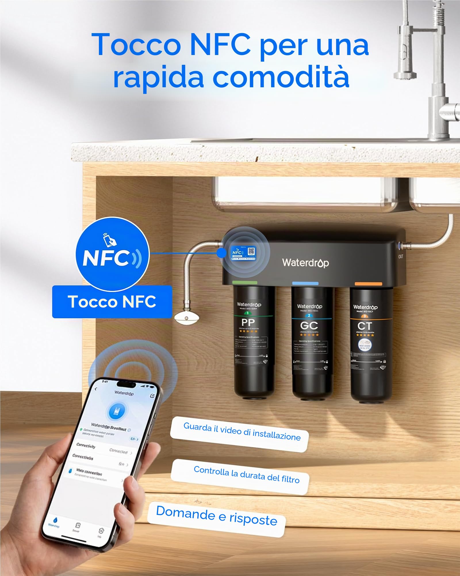 Waterdrop TSA Filtro Acqua Sistema, 3 Stadi Depuratore Acqua Domestico per Sotto Bancone, Sistema di Filtraggio dell'Acqua, Certificato da NSF/ANSI 42, Rimuove Fluoruro, Piombo, Cloro, Cattivo
