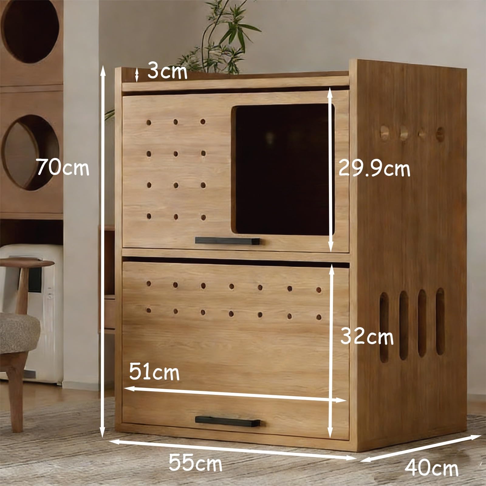 Katzenklo Schrank, 2-in-1-Katzenhaus aus Holz for den Innenbereich mit Katzenstreu-Abflussdesign, for Wohnzimmer, Schlafzimmer, Balkon