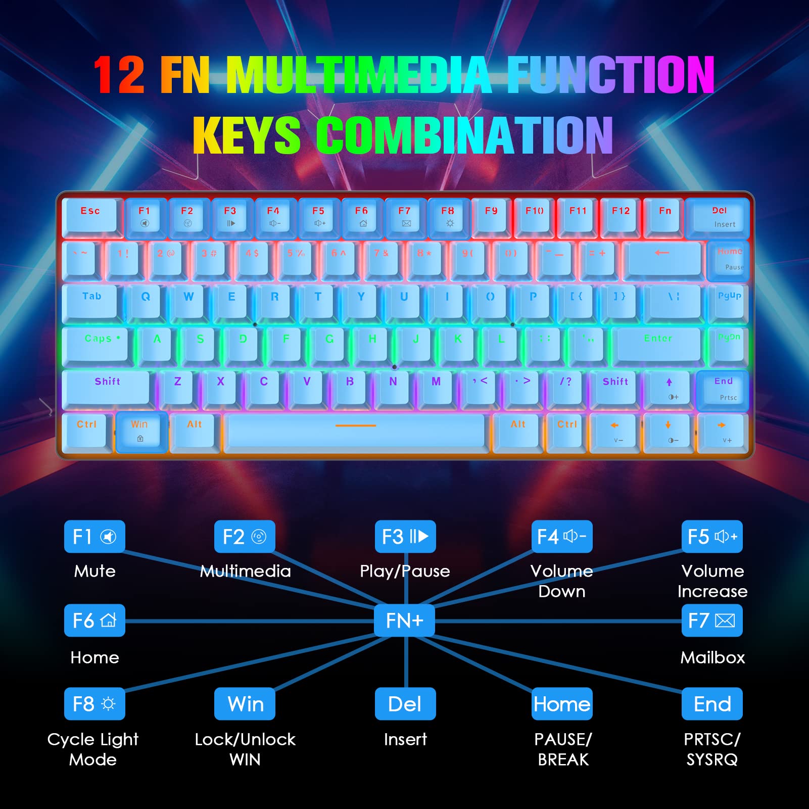 Teclado mecánico de Juego con Cable 82 Teclas y Adaptador, 80% retroiluminación LED Arco Iris interruptores Azul Teclado Anti-Fantasma para Windows Mac Linux PC PS4 Xbox N-Switch Consola Gamers, Azul