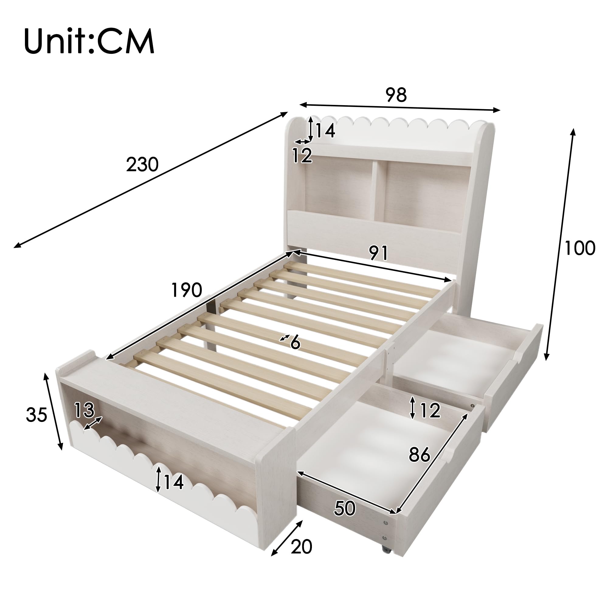 Cama individual de 90 x 190 cm, con cajones, estantería y banco con almacenamiento, cama de madera, marco de cama y somier de madera, color blanco con color roble (sin colchón)