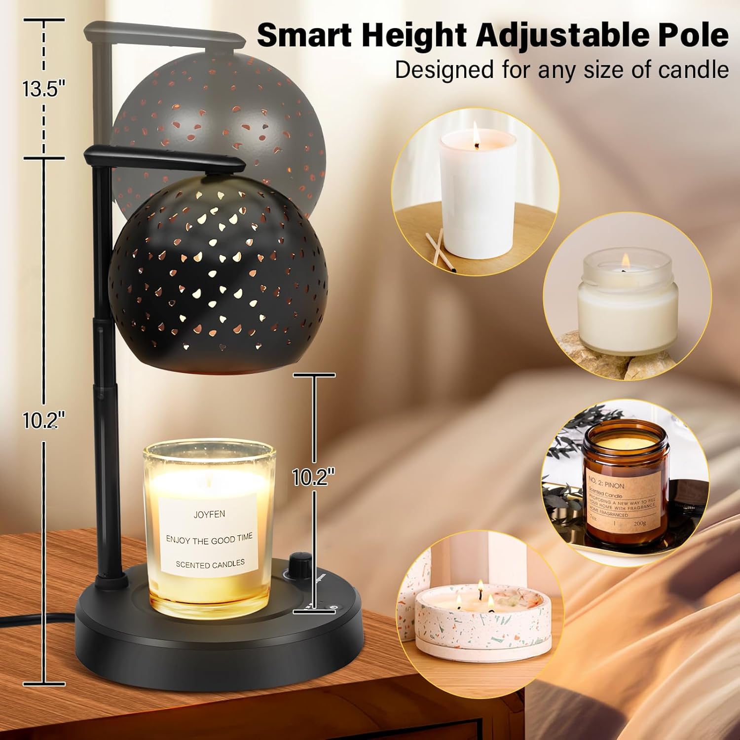 candle warmer lamp with timer, candle warmer lamp adjustable height with 2 bulbs, dimmable electric candle warming lamp for scented jar candles, home decor, black