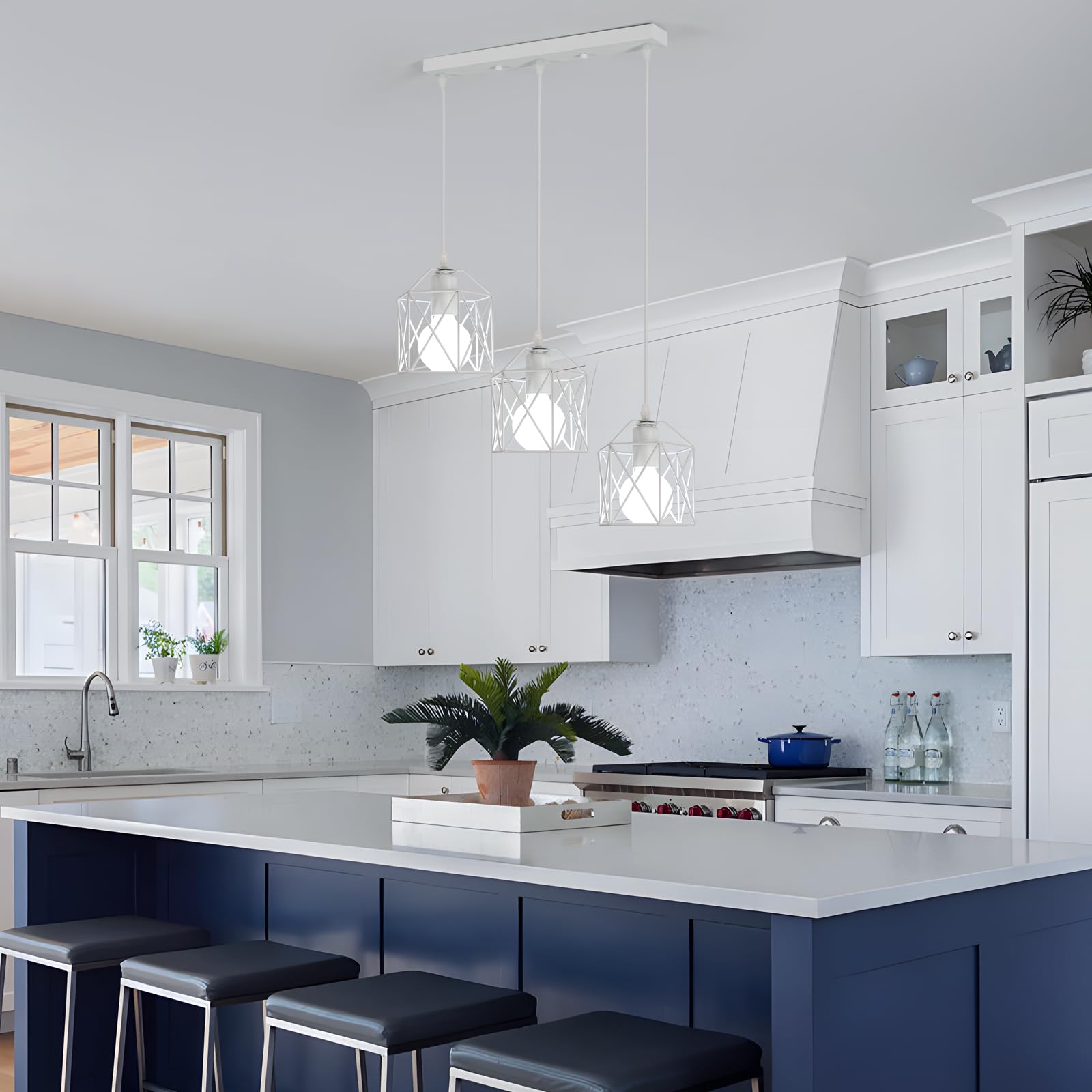 3 Luci Lampada a Sospensione Vintage, E27 Lampadario Industriale | Bianco Metallo, Lampadario da Soffitto Moderno a Forma di Gabbia per Camera da Letto, Cucina, Sala da Pranzo Soggiorno