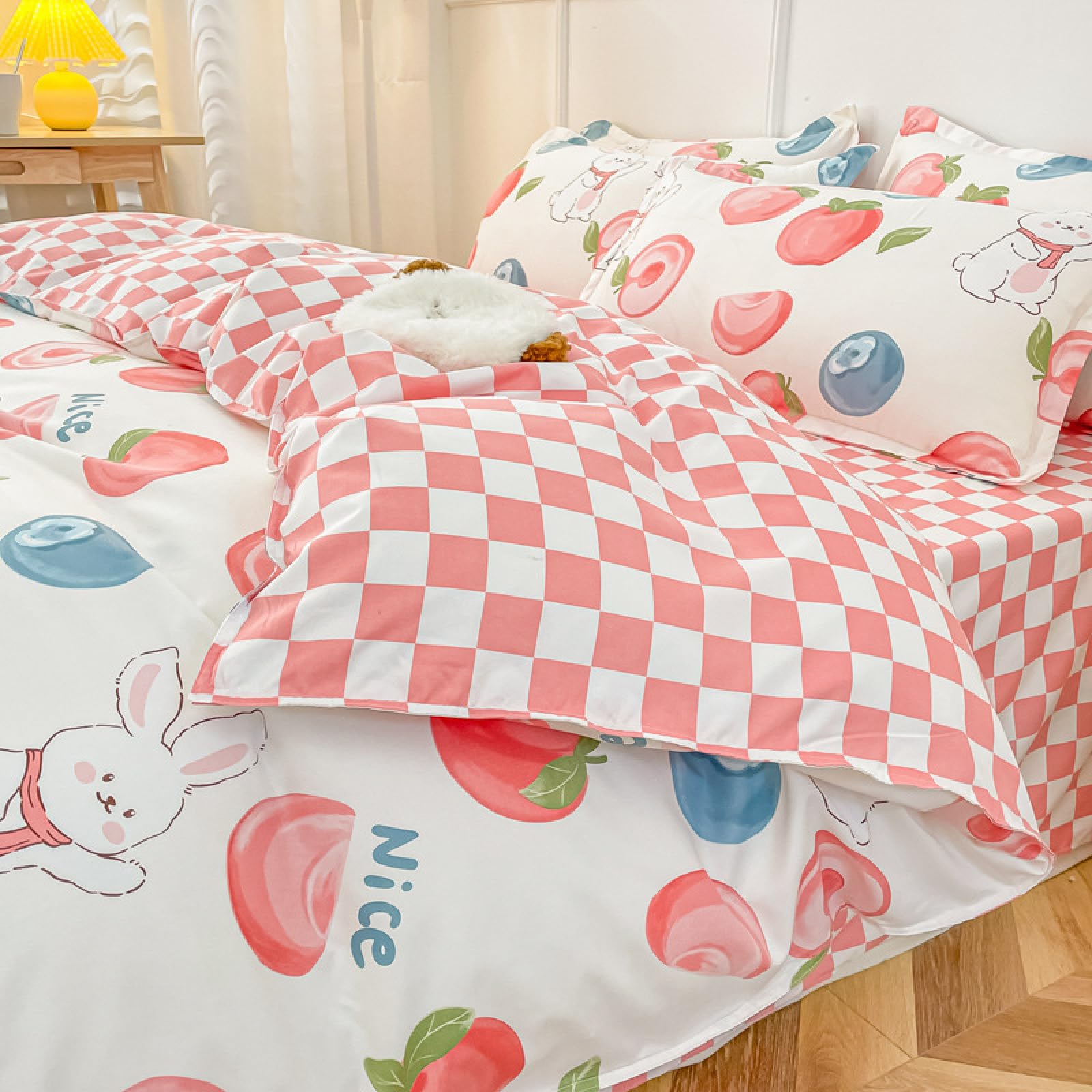 Single Duvet Cover Peach, Blueberry, Rabbit Duvet Cover Sets 150X200,Bedding Microfiber with Hidden Zipper Duvet Cover - Includes Pillow Cases 2 Pack(50X75Cm),Bedding Set