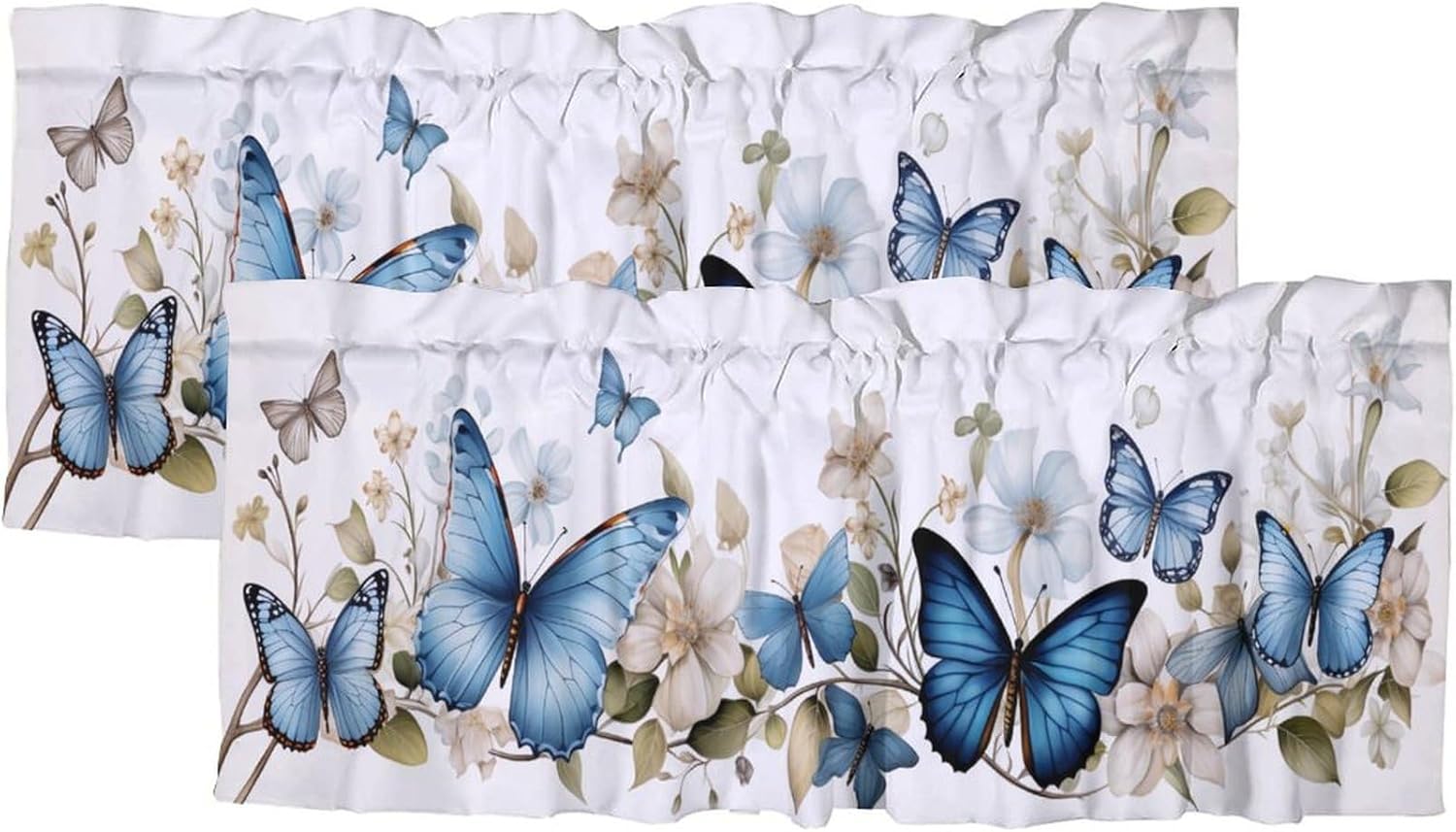 Butterfly Blackout Valance Curtains Blue Butterflies Flower Romantic Floral Window Valance for Living Room Bedroom, Kitchen Valance Rod Pocket Window Decor Curtain 54 by 18 in, 2 Panel