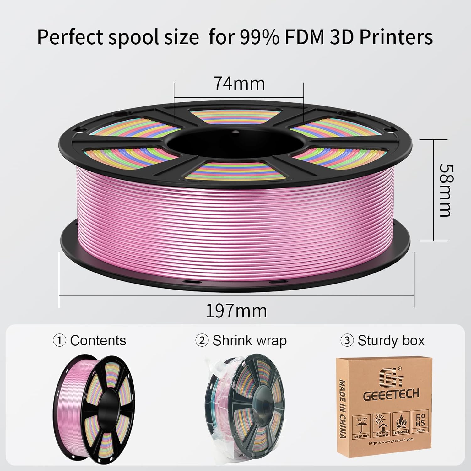 Geeetech Silk Rainbow PLA Filament 1.75mm, 3D Printer Multicolor Filament, Color Changing Filament 1kg (2.2lbs) 1 Spool, Dimensional Accuracy +/- 0.02 mm - Image 6