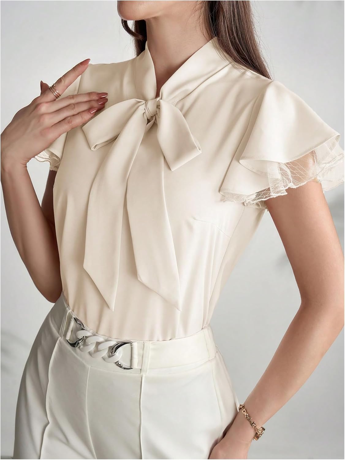 OYOANGLE Women's Elegant Chiffon Blouse Bow Tie Neck Ruffle Cap Sleeve Work Office Top - Image 5