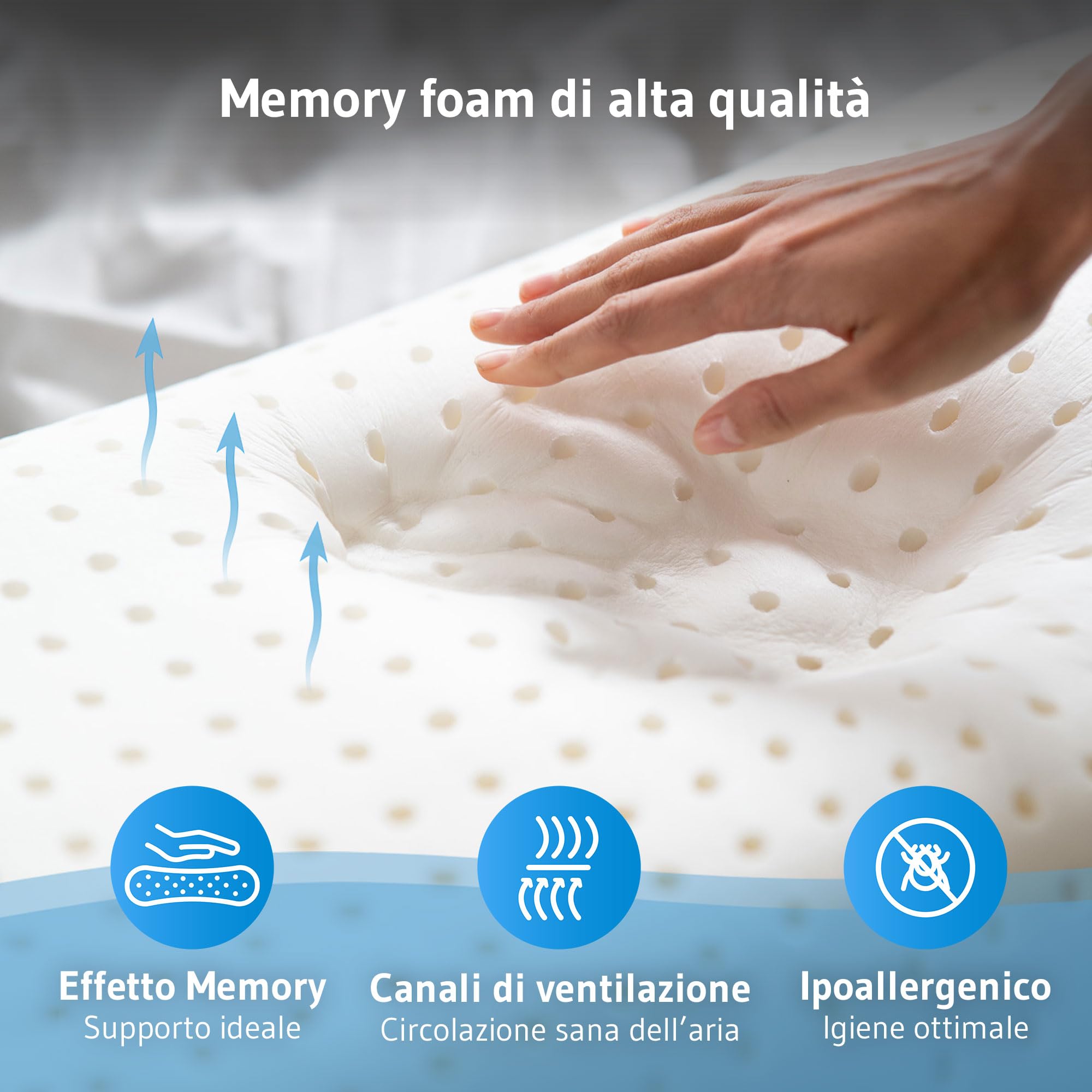Cuscino ortopedico ELORA, cuscino in memory foam, con federa 79% cotone e 29% PES, cuscino di sostegno per il collo per chi dorme sul fianco e supino, cuscino ergonomico per la cervicale