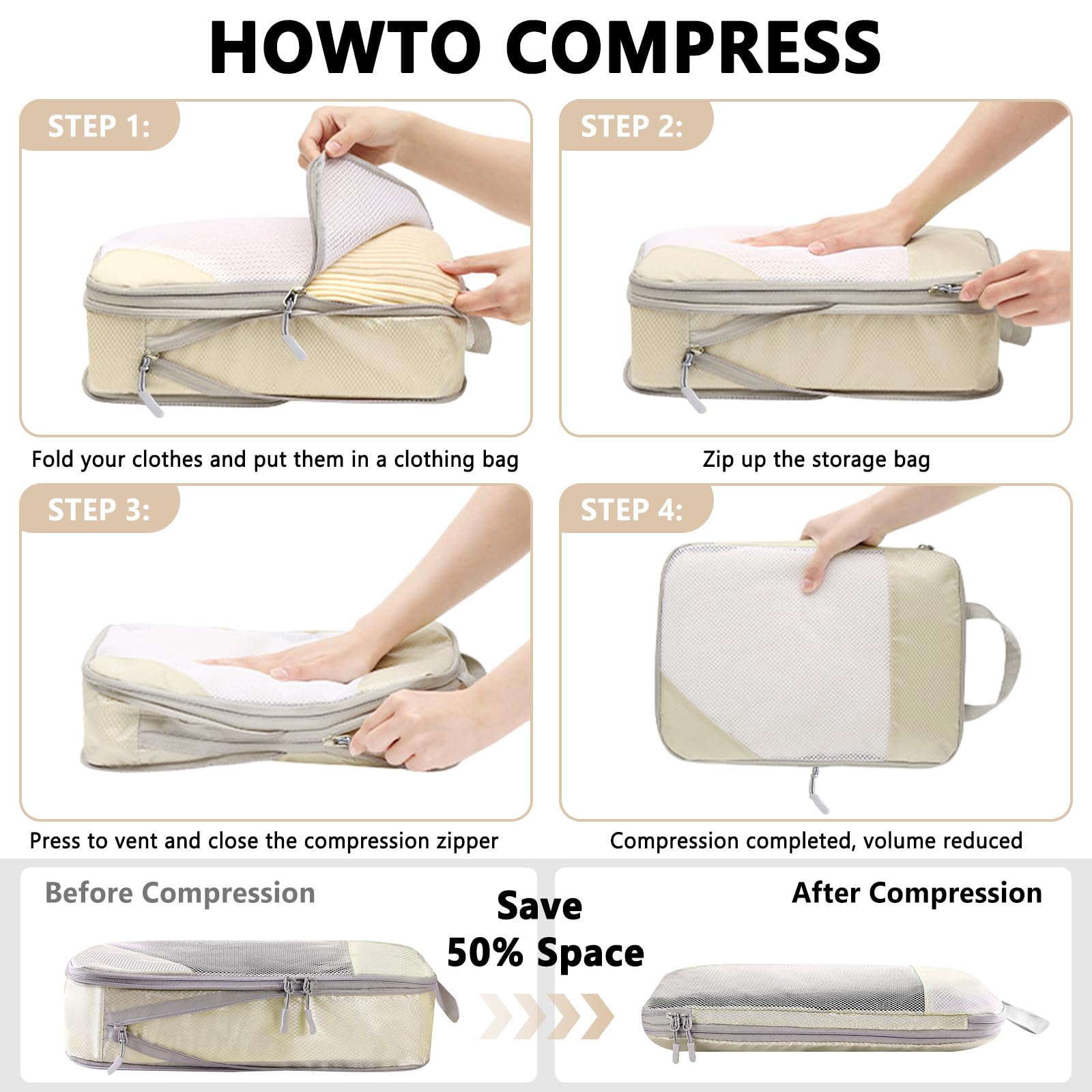 8 Teilige Compression Packing Cubes Set,Kleidertaschen,Schuhtaschen,Koffer Organizer Set,Organizer Packing Cubes Compression,für Koffer,Backpack,Reise organizers,Ordnungssystem für Koffers-Beige