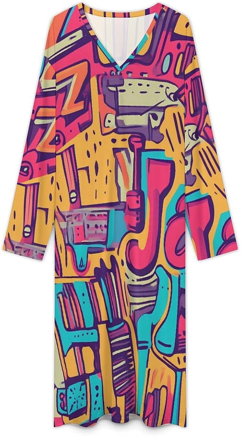 80s Jazz Music Doodle Men's Kaftan Thobe V-Neck Robe Long Sleeve Gown Thobe for Home Outings