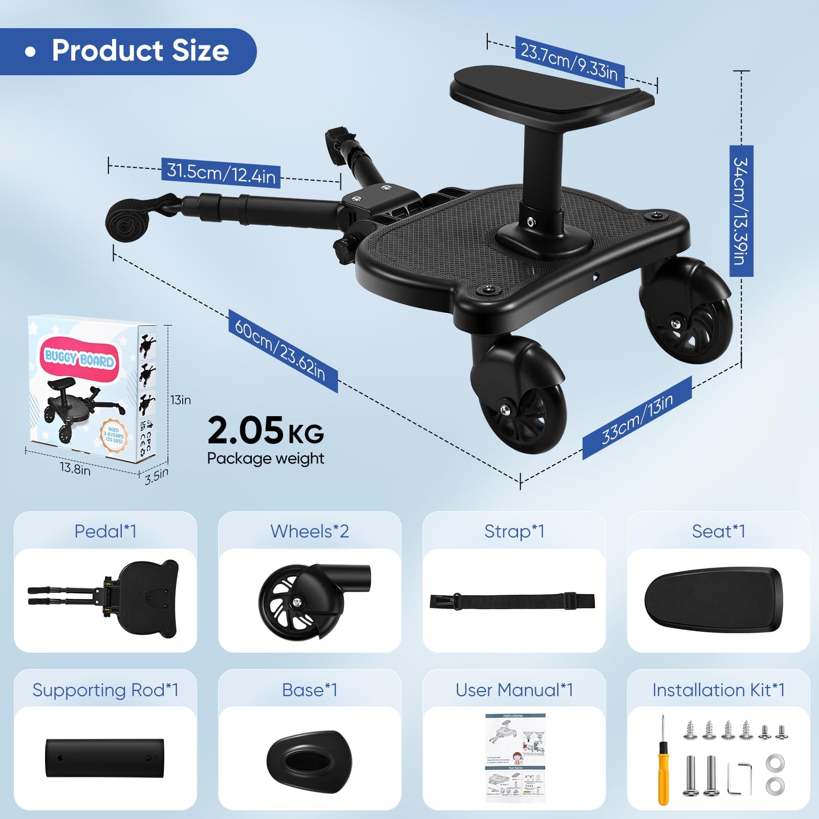 Buggy Board mit Sitz, Buggy Board für alle Kinderwagen, Trittbrett Mitfahrbrett universal, Kiddy Board für Kinder von 2-6 Jahren, Bearing 25KG (Schwarz)