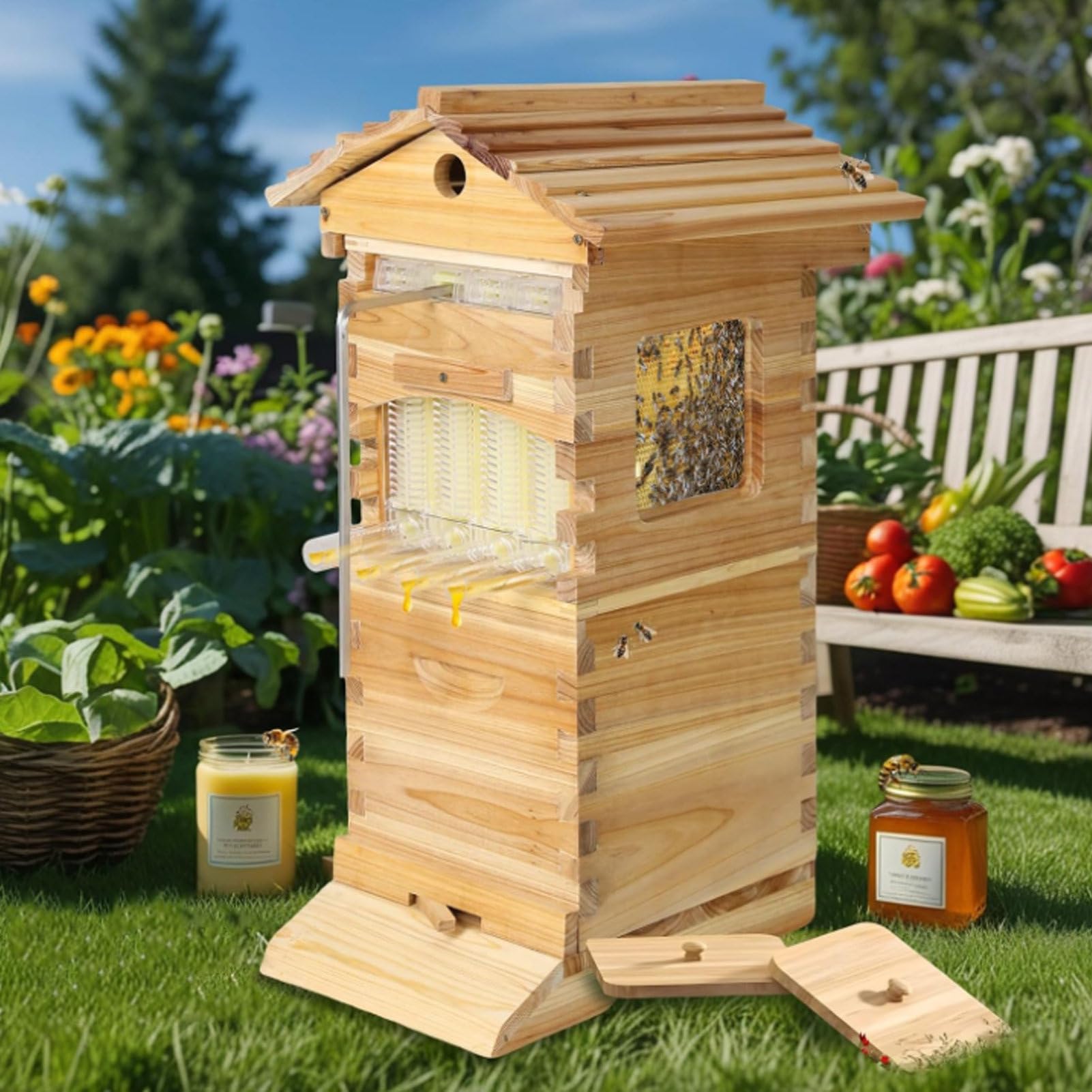 Bienenstock Honig Ernte Kit Langstroth Stil Selbstfließsystem mit 4 lebensmittelechten Rahmen Kompletter Holzstock mit Brutkasten und Dach
