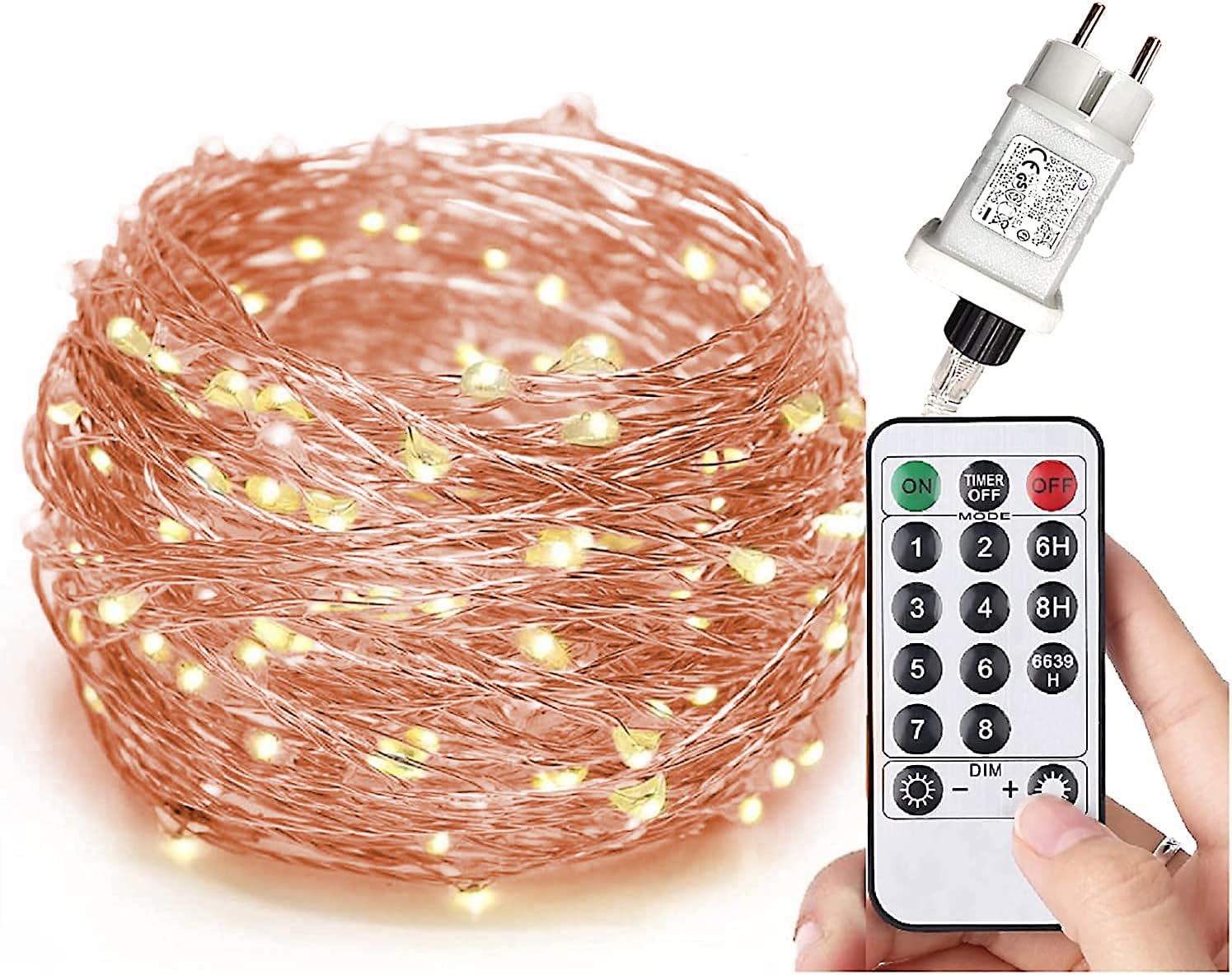 Gresonic 200/300er LED Mikro Silberdraht Lichterkette Strombetrieb Deko für Innen Außen Warmweiß (Kupferdraht Warmweiß 8 Modi, 100LED)