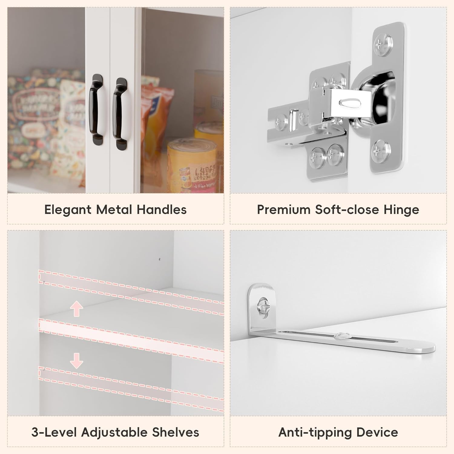 MU 78.7" Tall Kitchen Pantry with 3 Glass Doors, Freestanding China Cabinet with Adjustable Shelves, Large Kitchen Pantry Storage Cabinet Cupboard for Dining Room, Living Room, White (X-Large, 46" W)