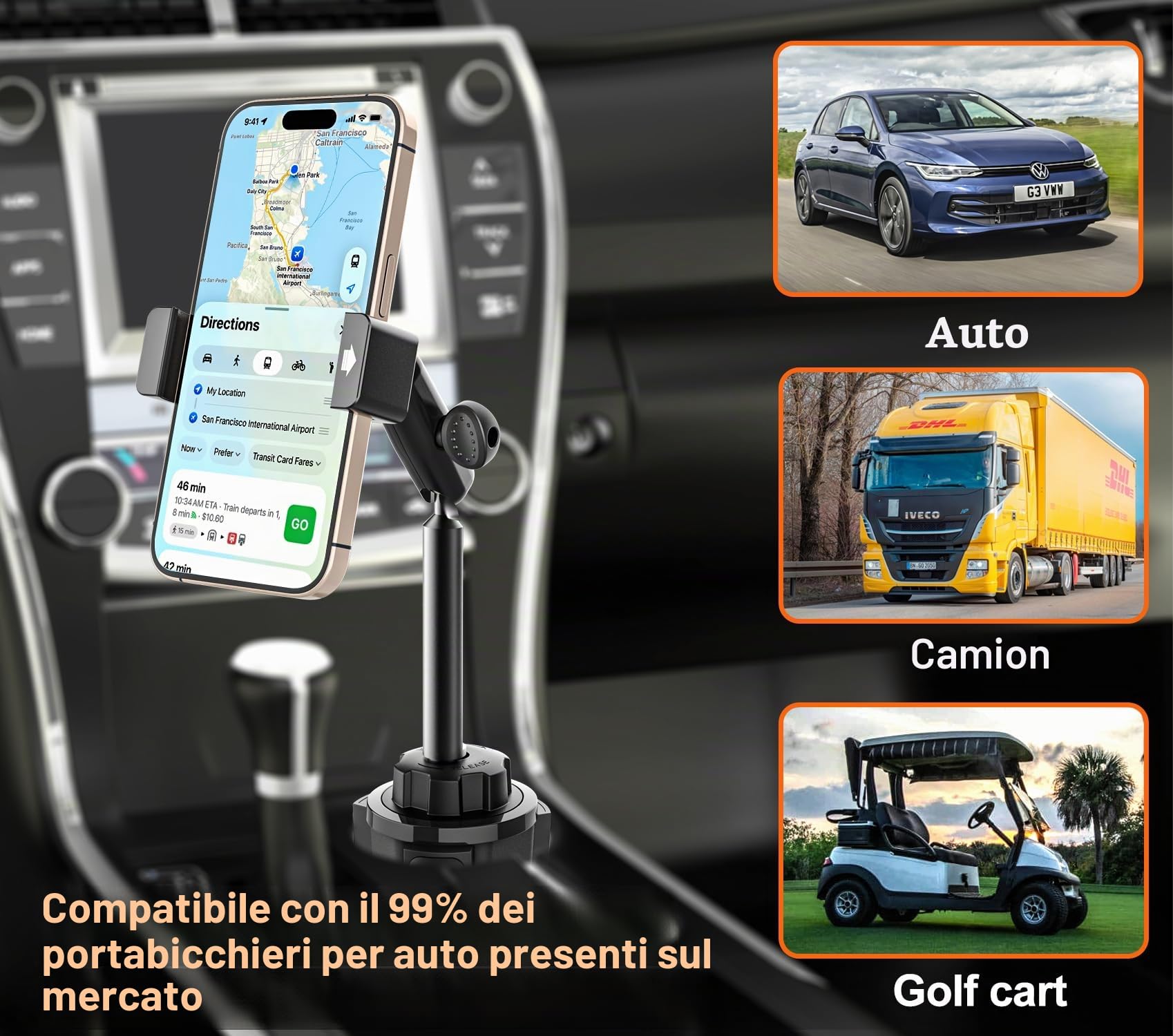 Metallo Supporto Telefono Auto Portabicchieri - Stabile Durevole Robusto | Porta Cellulare Porta Bicchieri Macchina con Braccio Alluminio per tutti i Telefoni, iPhone 17 16 Pro Max, Galaxy S26, Pixel