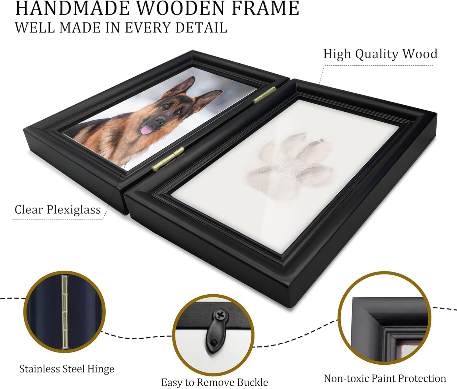 MYPAWLETS Dog or Cat Paw Print Frame Kit with Trinkets,Large Pawprint Area,Pet Paw Print Impression kit with Soft Clay,Wooden Dog Picture Frame,Personalized Gift Keepsake for Pet Lovers-Large Black - Image 6