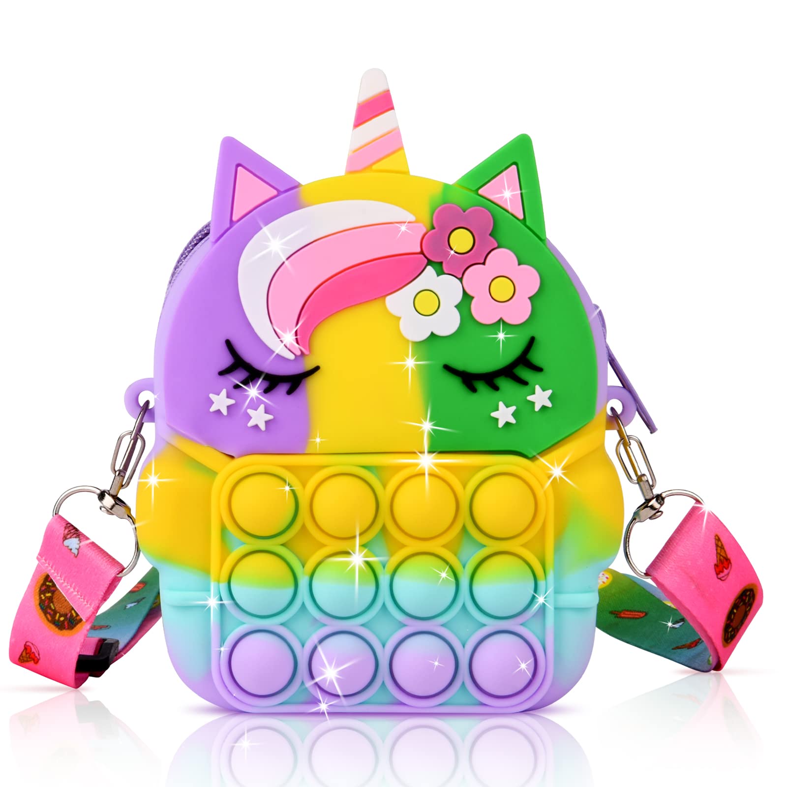 Ainiv Pop it Pop Bag, 2 in 1 unicorn Fidget Bag for Girls, Silicone Push Bubble Crossbody Bag Small Purse, Shoulder Bag with Adjustable Strap Length, Relief Stress for Adult Kids (Colorful)