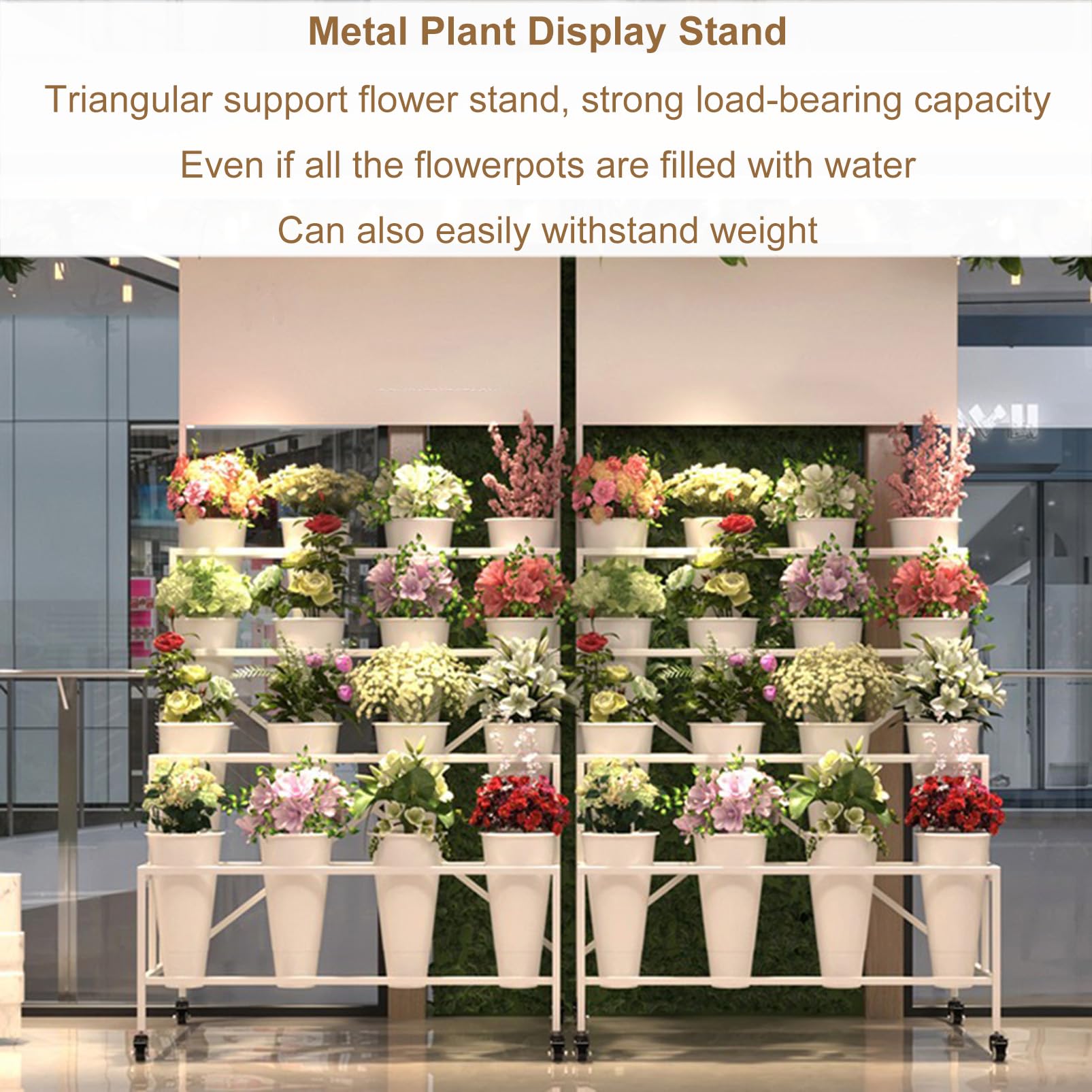 Robusto Carrello portafiori con secchi, scaffale Mobile per Piante su Ruote, Ideale per fioristi, allestimenti per Eventi, espositore per Negozi di Fiori, Carrello in Metallo Versatile