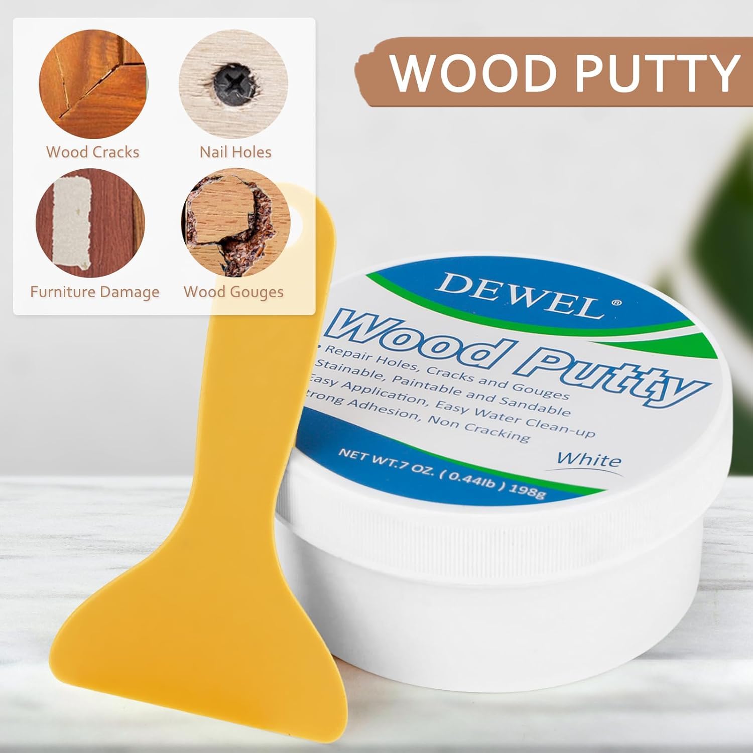 DEWEL Stucco per Legno Bianco all'Acqua 200g-Kit Riparazione Mobili-Riempire Buchi e Crepe