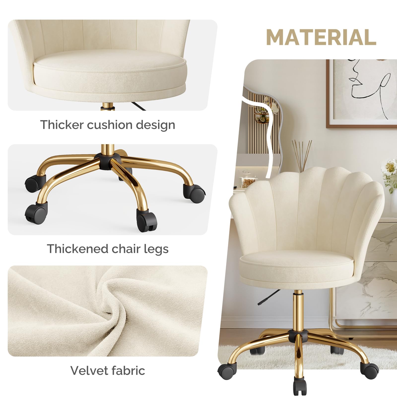 Homeoffice Stuhl,Schminkstuhl,SamtStuhl mit Kopfkissen Blütenblatt-Rückenlehne 360° drehbar Höhenverstellbar Bürostuhl ergonomisch für Arbeitszimmer Schlafzimmer,bis 120kg belastbar Beige