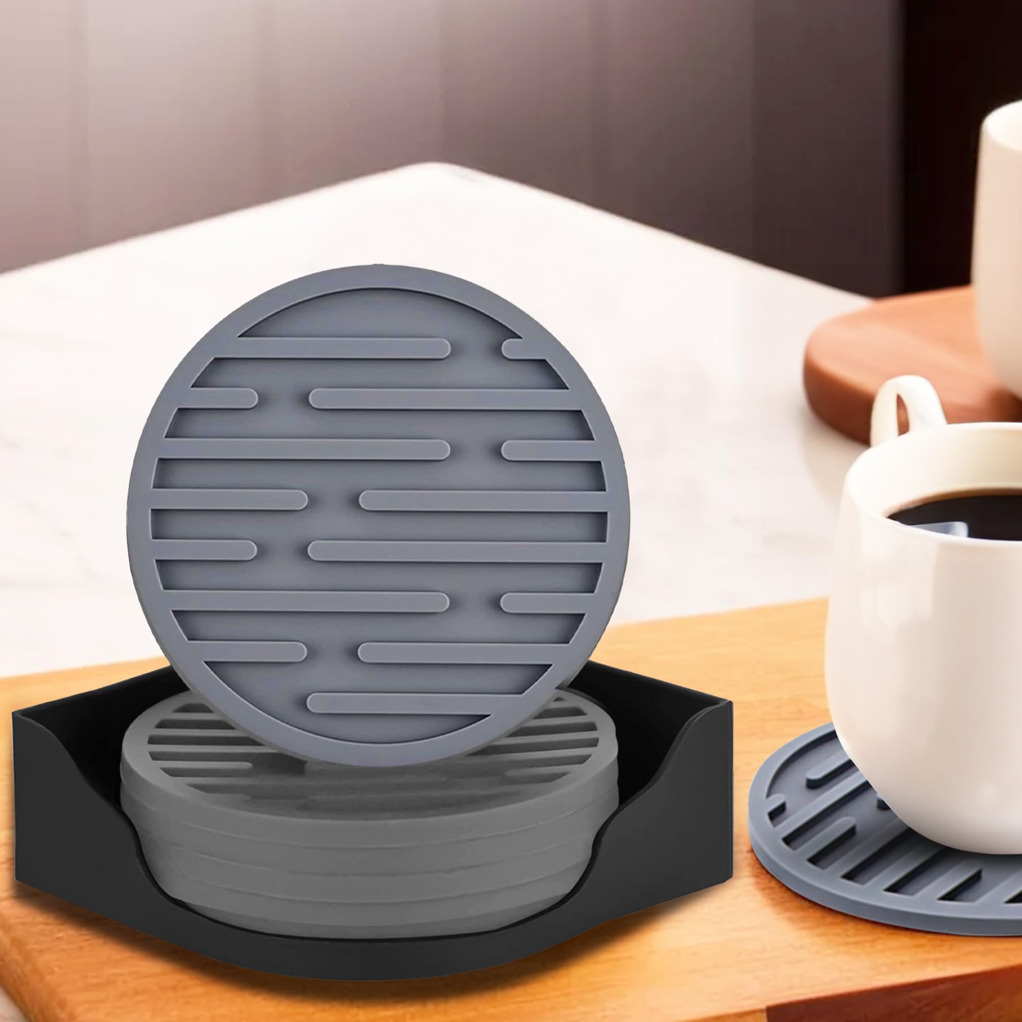 The Better Home Coaster Set of 6 with Silicone Holder | Dining Table Decor Accessories | Cups, Coffee Mugs, Glasses | Silicone Coaster | Home & Office | Table top Decor-image-4
