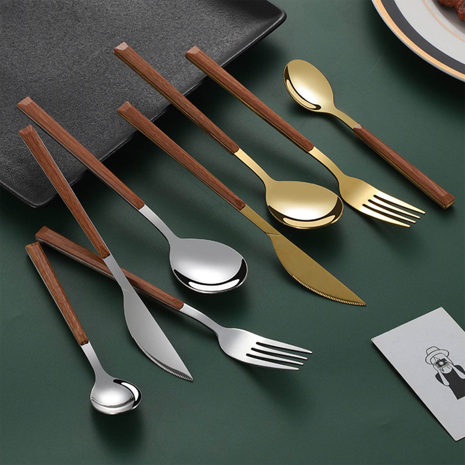 Juego De Cubiertos, Cubiertos con Mango De Madera para 12 Personas, Juego De Cubiertos con Paquete De Regalo, Diseño Pulido De Espejo, para Cocina Y Restaurante Apto para Lavavajillas,A (A)