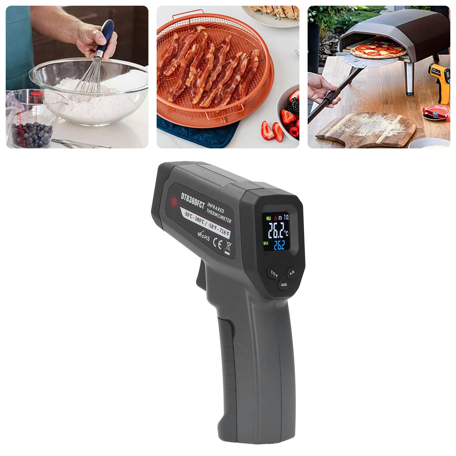 Infrared Thermometer Temperature Gun, Cooking Infrared Thermometer, Handheld Heat Thermometer Digital Backlit LCD Display -58? to 716? for Food Processing, Industrial Equipment, Pool