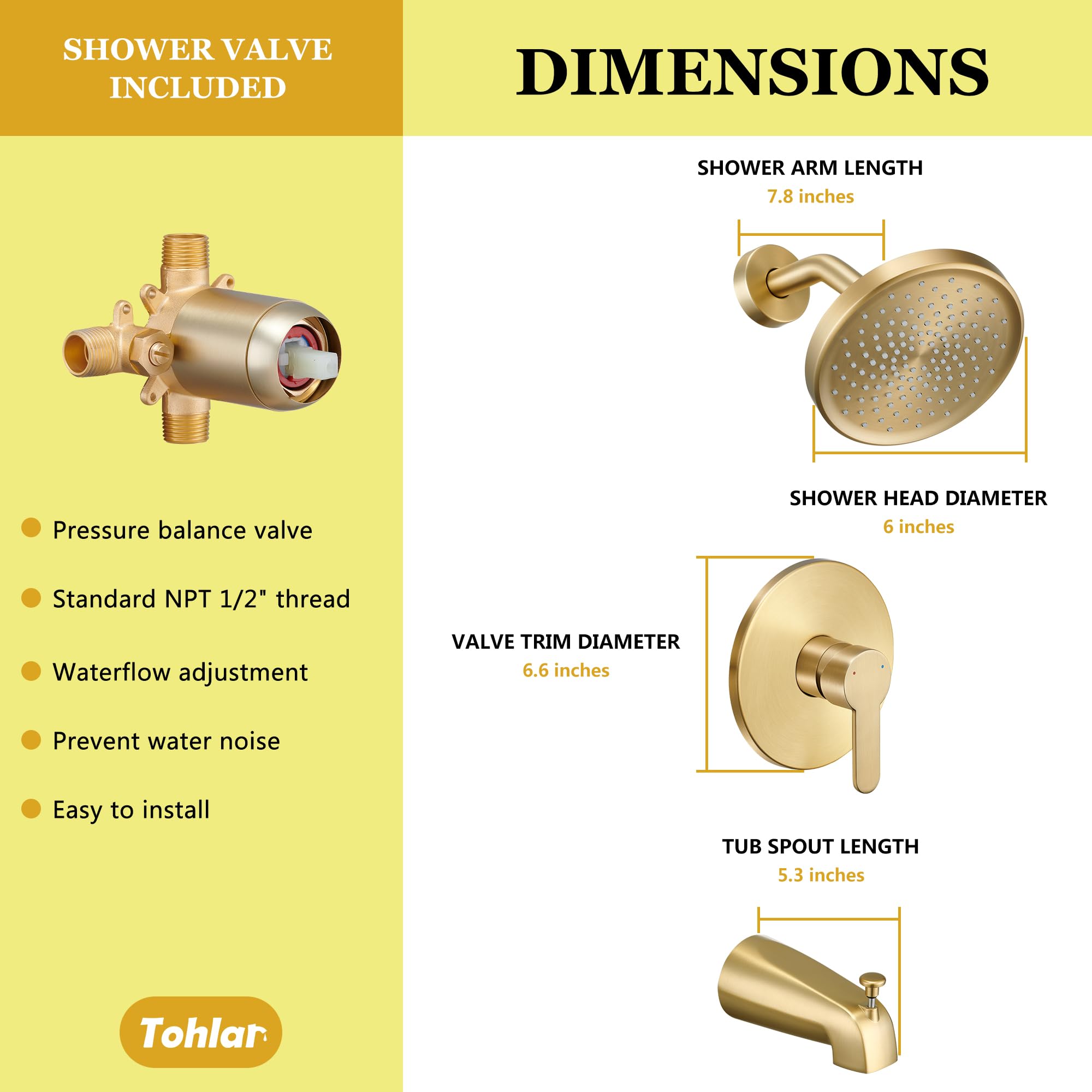 Tohlar Gold Shower Faucet Set with Tub Spout, Bathtub and Shower Faucet Combo Kit, 6-Inch Rain Shower Head and Faucet Set with Valve, Brushed Gold