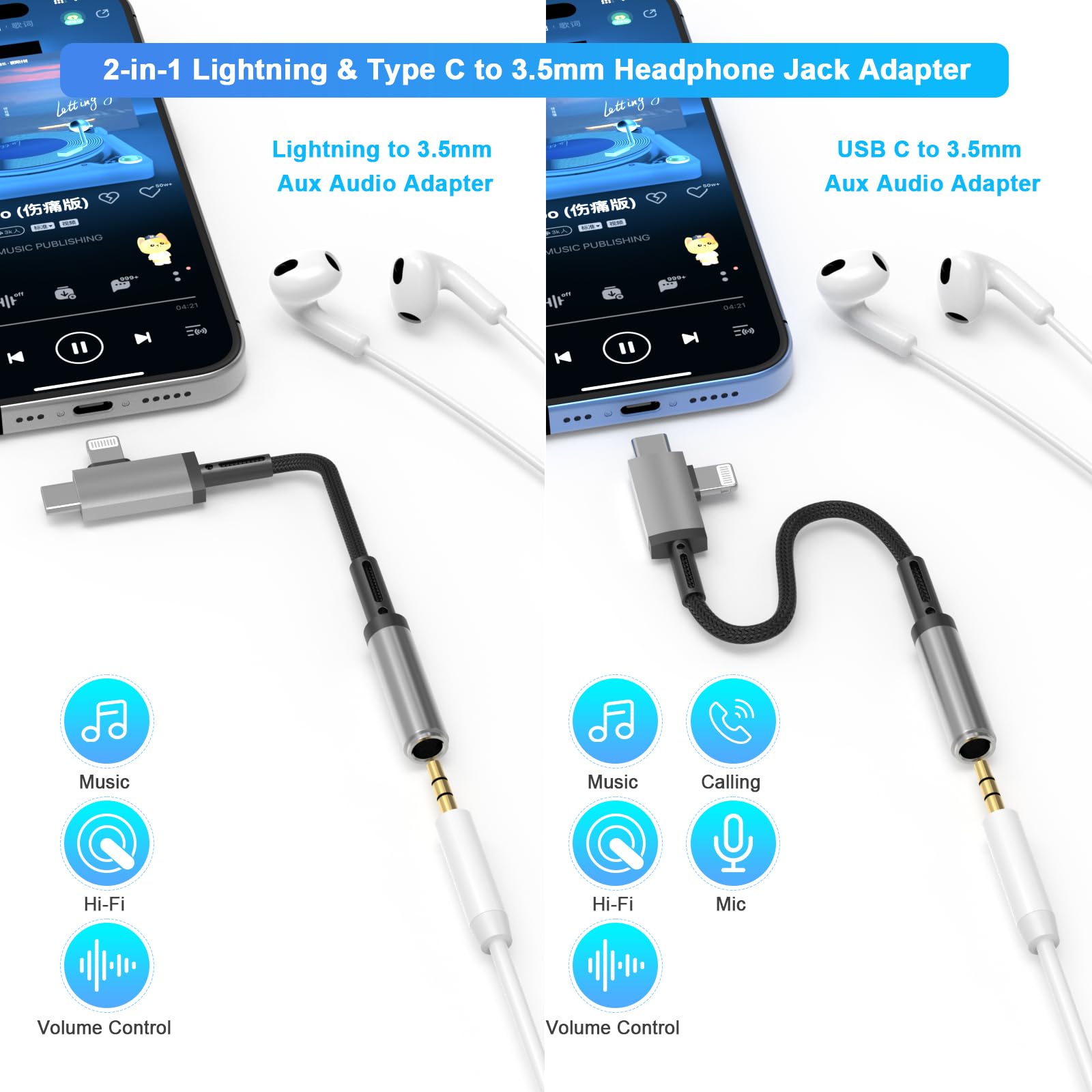 [Apple MFi Certified] iPhone Headphones Adapter,2-in-1 Lightning USB C Type C to 3.5 mm Headphone Jack Aux Adapter Converter Dongle Audio Cable for iPhone 16 15 14 13 12 11 Pro Max XS XR X 8 7 iPad