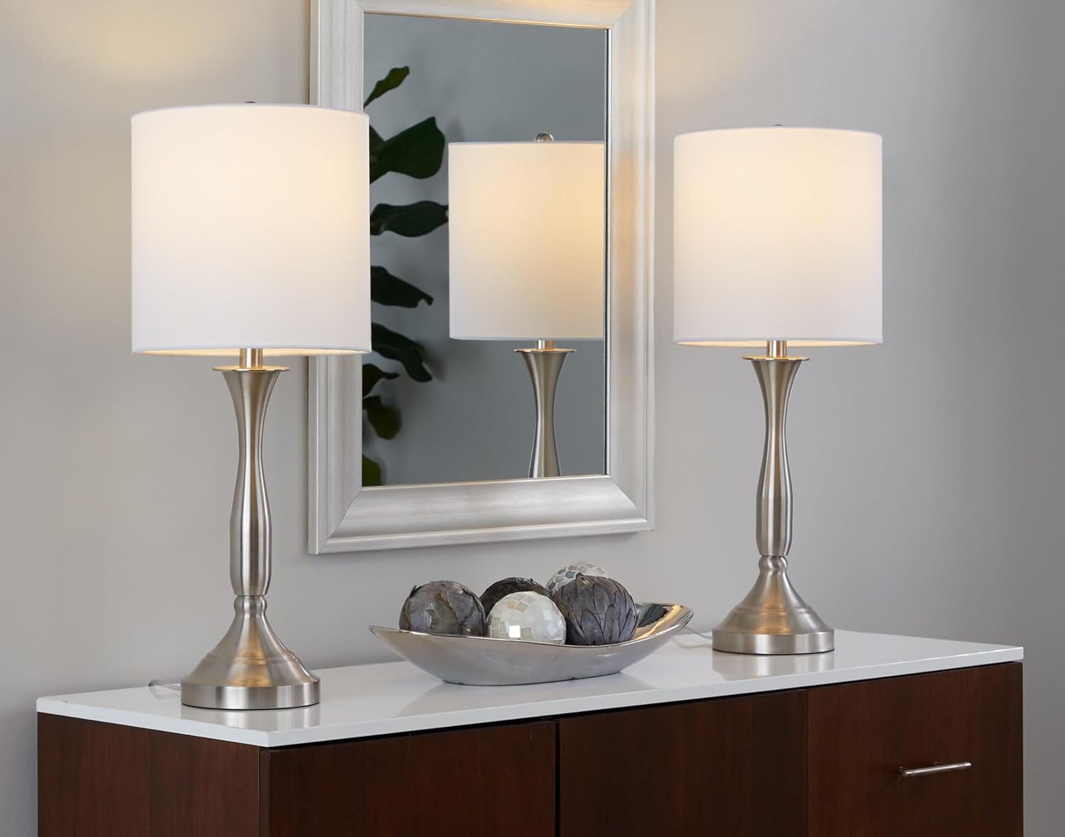 Sawyer 25" Metal Table Lamp With USB Set of 2, Desk Lamp, Bedside Lamps for Night Stands, Nightstand Lamp, Small Table Lamps for Living Room Set of 2, Lamps with USB Set (Brushed Nickel White)