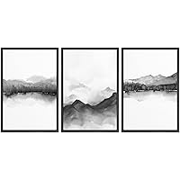 SIGNWIN Framed Canvas Print Wall Art Trio of Watercolor Mountain Ranges in Mist Abstract Wilderness Illustrations Art Minimalist Black & White for Living Room, Bedroom, Office - 16