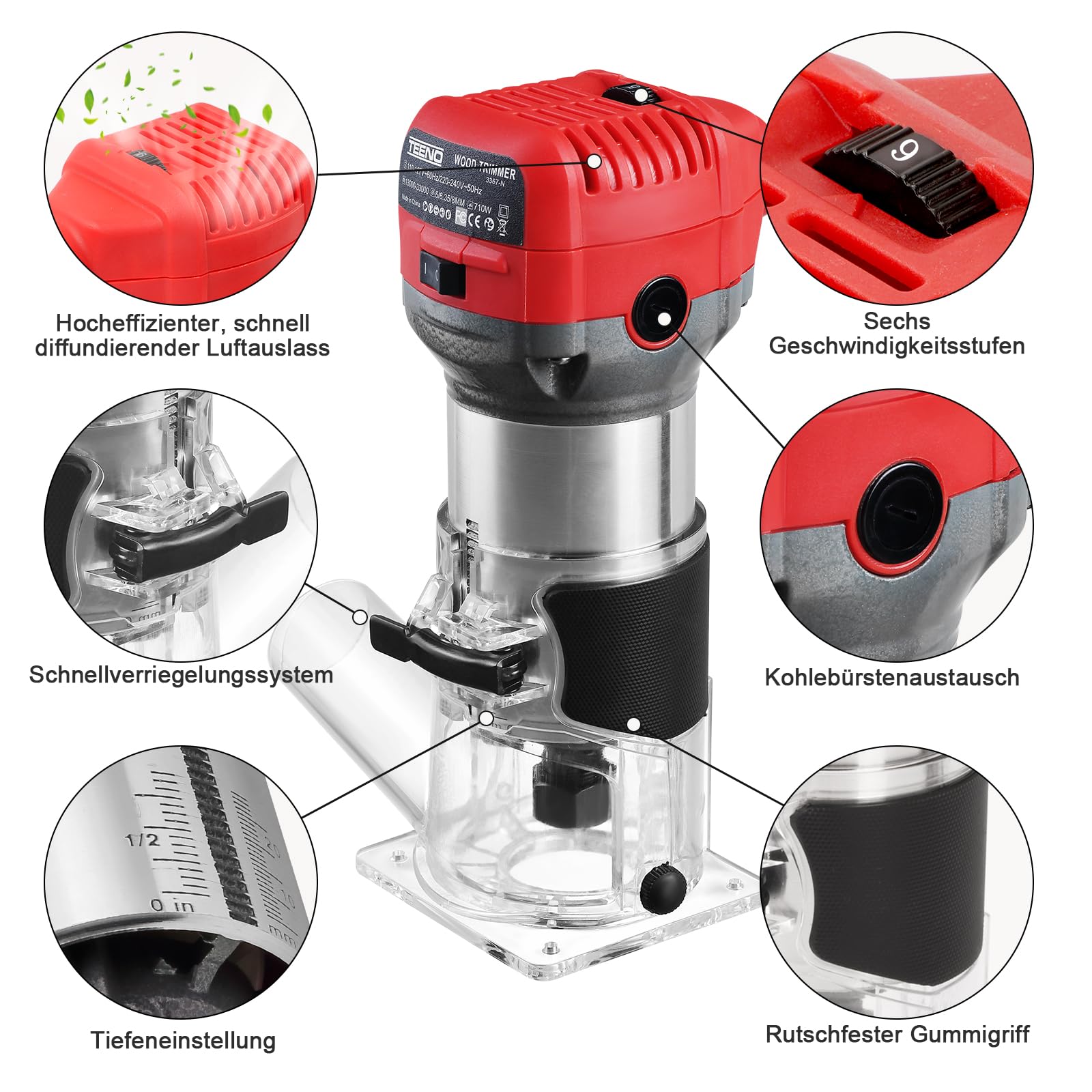 TEENO Holzfräse Oberfräse 800W 13000–33000 U/min mit Staubabsaugungsanschluss, Elektrik Kantenfräse Mit 5 Stück 1/4" Fräsen Cuter,6 Variable Geschwindigkeiten, Spannzange 6MM, 6.35MM, 8MM