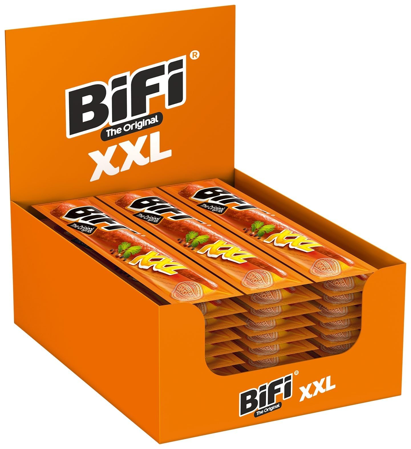 BiFi Original XXL Tiras de salami, paquete de 30, 30 x 40 g, salchichón desecado para comer sobre la marcha, al aire libre, pimienta, cilantro y ajo, caja óptima para aperitivos