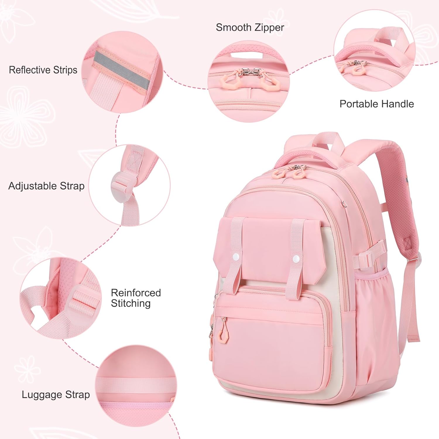 Scothen 3PCS Girls Backpack Set, Kids School Backpack for Girls with Lunch Bag Pencil Case, Large Pink Cotton Nylon Waterproof School Backpack