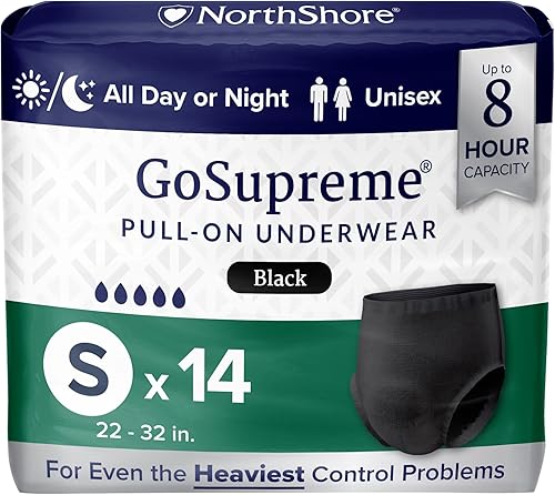NorthShore GoSupreme - Ropa interior para incontinencia nocturna, estilo pullup de 8 horas, pequeña, bolsa de 14 unidades, negro, 22-32 pulgadas,