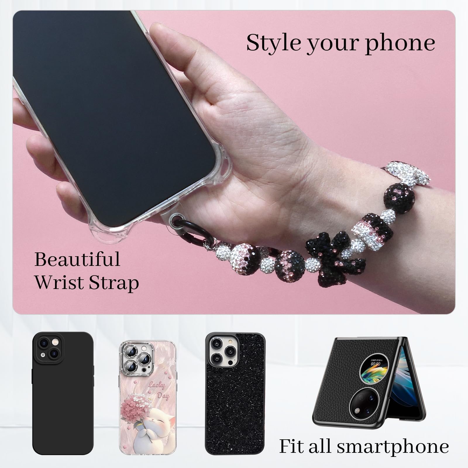 XODITO Black Pink Phone Charm with Diamond Bead