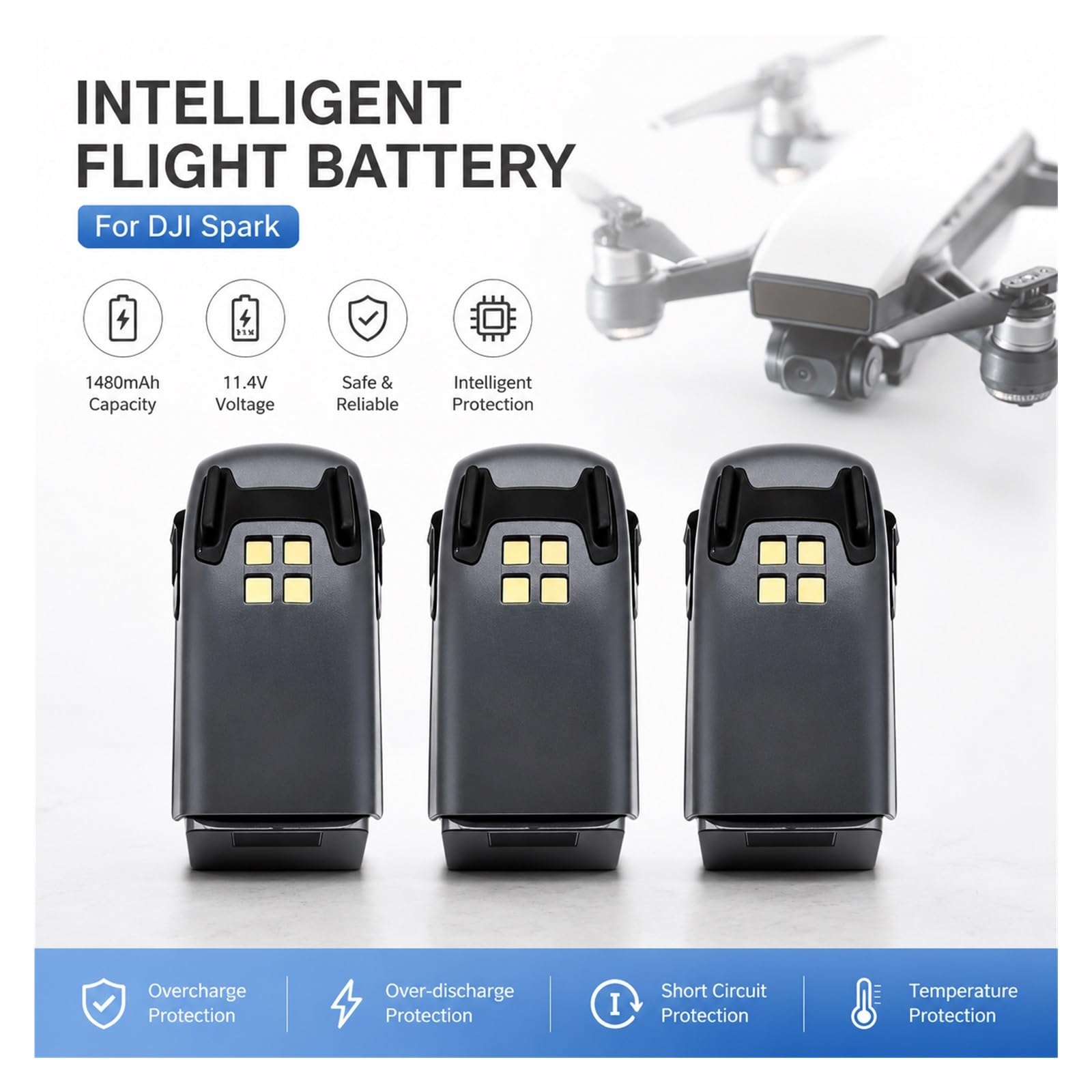 Batteria Di Volo Intelligente Sostitutiva Da 11,4 V 1480 MAh Compatibile Con DJI Spark Drone MB1, Sostituzione Della Batteria Ricaricabile Al Litio For Droni(3pcs battery)
