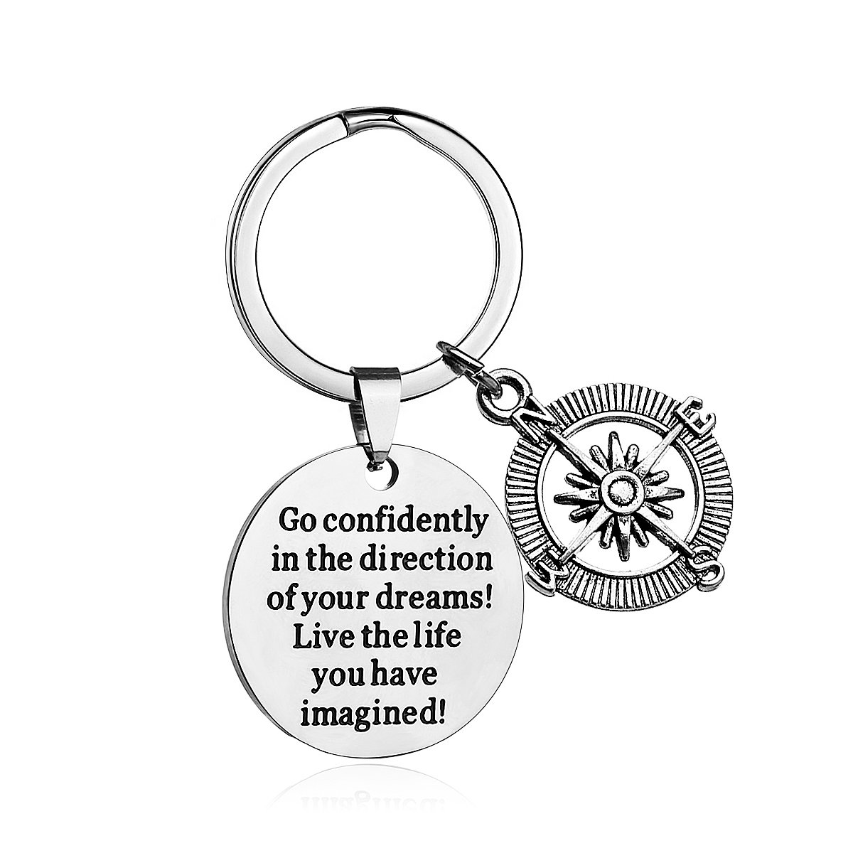 Stamped Compass Keychain Key Ring Stainless Steel Tag"Go Confidently in The Direction of Your Dreams!."Souvenir Christmas Gift Bag Key Holder Decorations