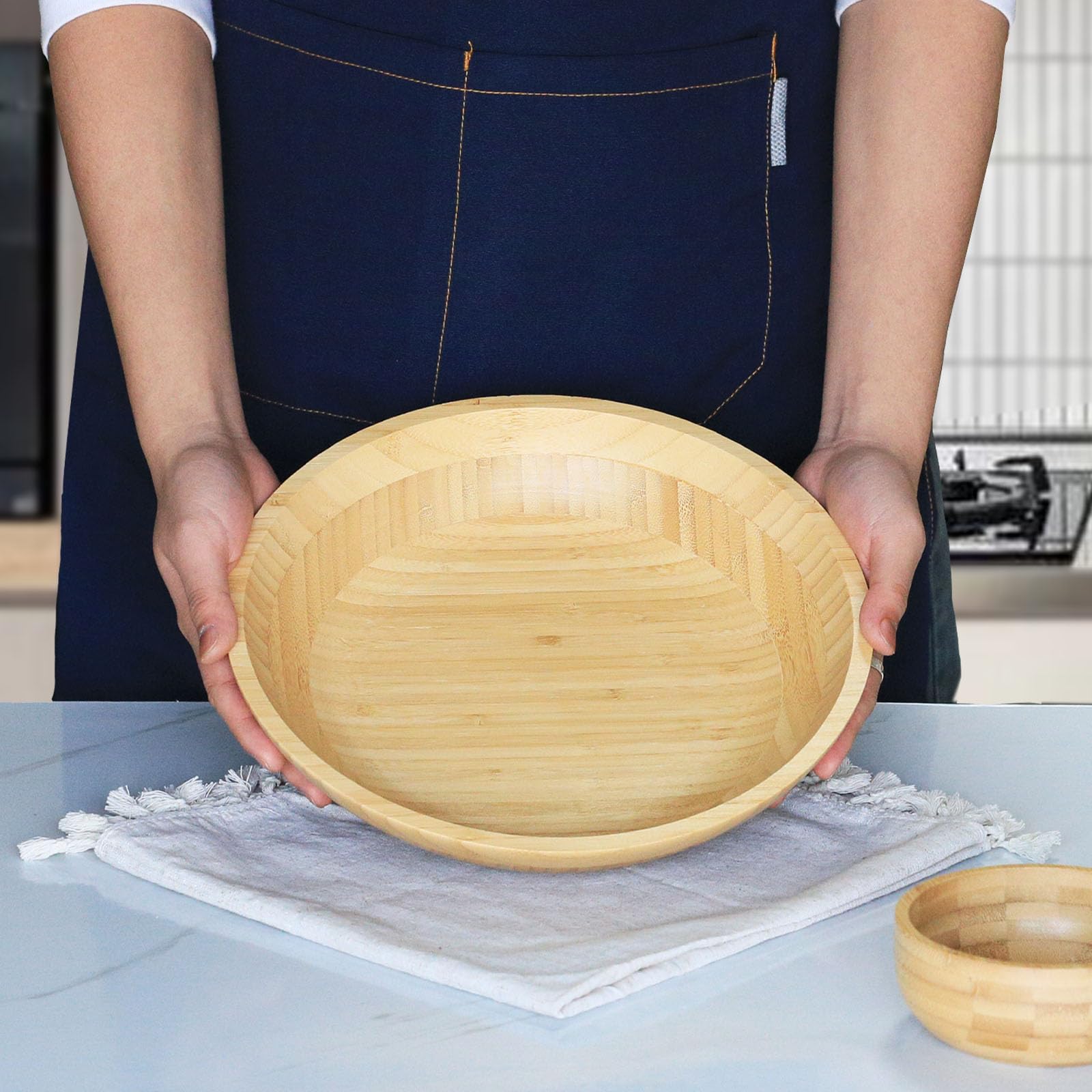 Ensaladera de bambú, cuenco grande de 12 pulgadas para encimera de cocina, cuenco grande de madera de bambú para aperitivos, postres, aperitivos, nueces, sopa, cuenco decorativo de granja para