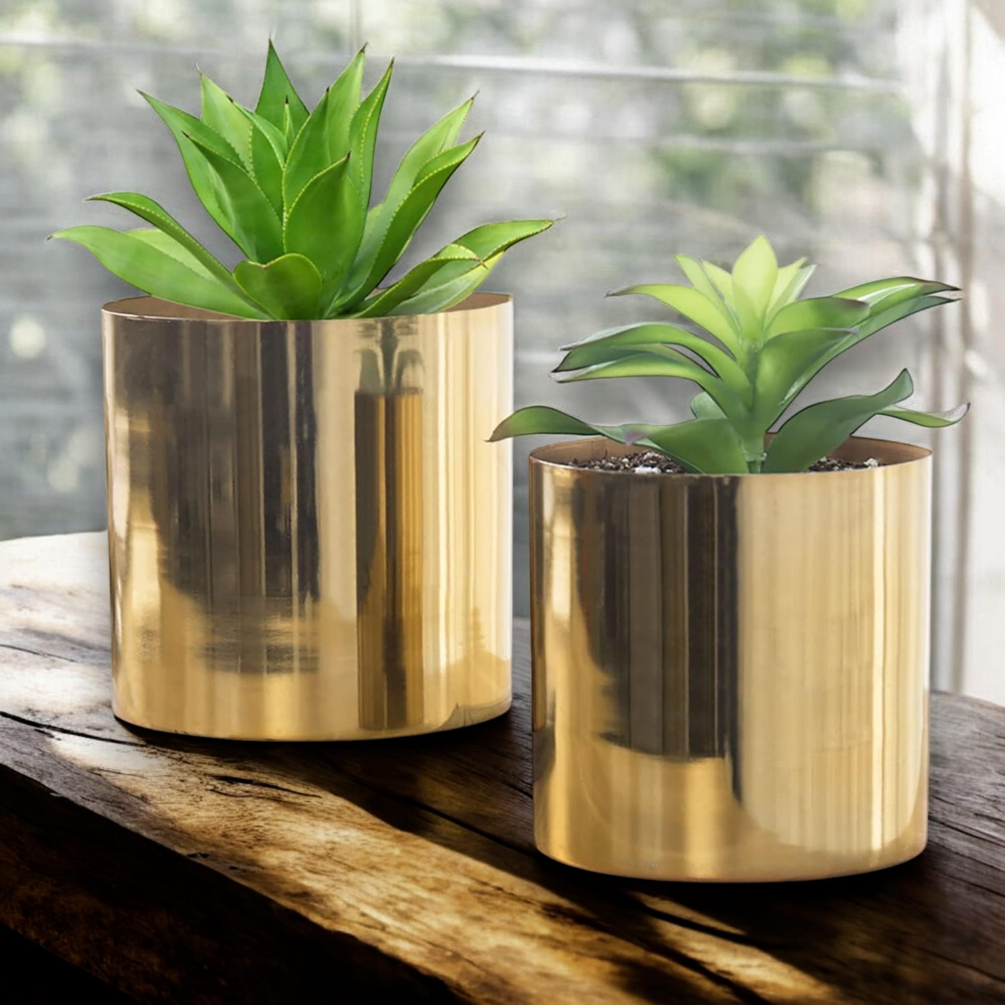 Lot de 2 cache-pots de fleurs ronds faits à la main en laiton brillant pour intérieur (15,2 cm et 12,7 cm) – Fabriqués à la main en Inde (finition laiton brillant)
