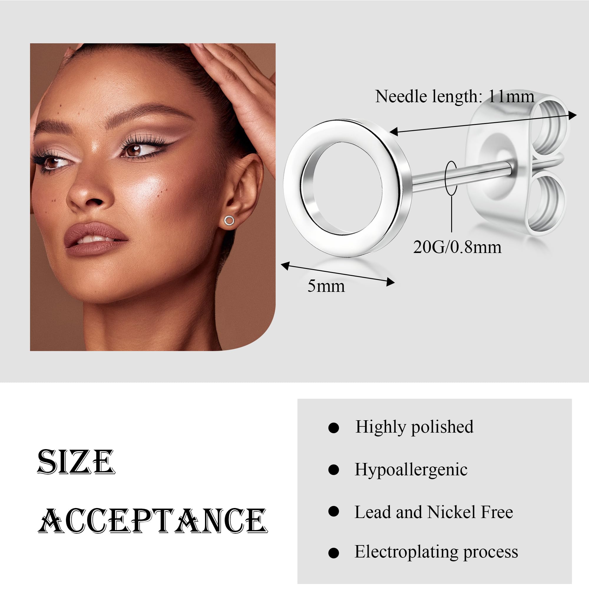 FACOKO Orecchini a lobo da donna in titanio con fondo piatto ipoallergenici, adatti a uomo e donna 5 mm rotondi cavi/croce/fulmine