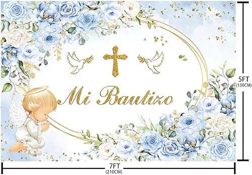 Miniatura 2 de AIBIIN Telón de fondo de 7 x 5 pies Mi Bautizo de bautismo mexicano, fondo azul para baby shower, para niños, Dios bendiga la primera comunión,