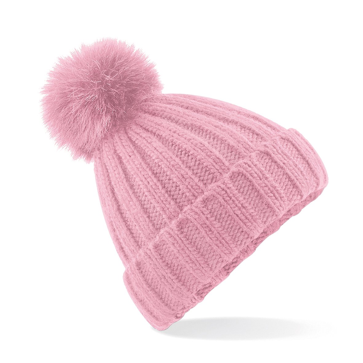 Beechfield - Verbier Faux Fur Pop Pom Chunky Beanie - Dusky Pink