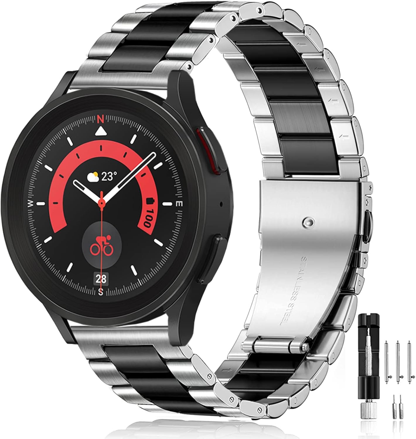 Galaxy Watch 4/6 Classic Bands 47/46/43/42mm & Galaxy Watch 7/FE/6/5/4 Band 44mm 40mm, Samsung Galaxy Watch 5 Bands Pro 45mm, 20mm Metal Business Stainless Steel Replacement Strap, Black Silver - Image 9