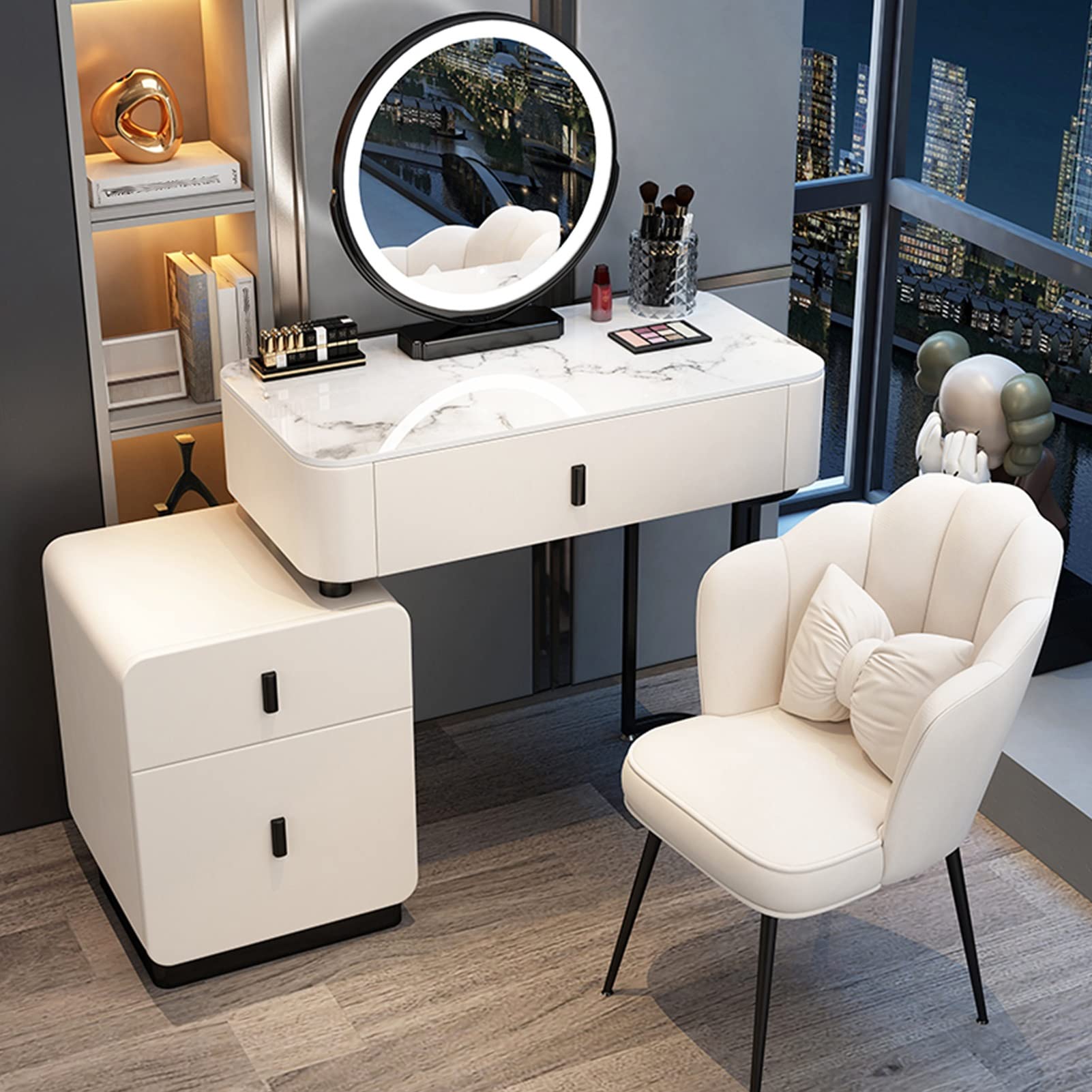 CGCSYZ Dressing Table with Lighted Mirror, White/Grey Makeup Vanity Desk Set with Stool, Vanity Table with Drawers, Bedroom Furniture for Ladies(White+black B-80cm/31.5in)