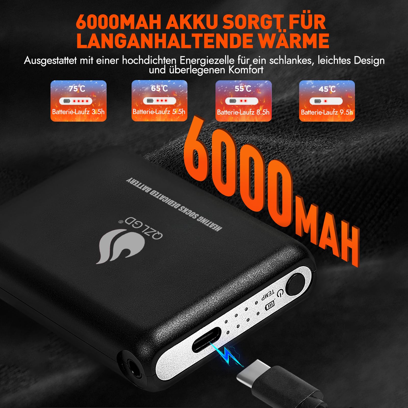 Beheizbare Socken, Beheizte Socken Damen Herren, die Lösung für kalte Zehen im Jahr 2024-5v 6000 mAh Wiederaufladbare Heizsocken für Skifahren, Outdoor, Camping, Wandern